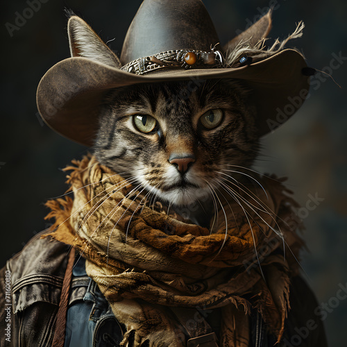 Portrait of a beautiful cat in a cowboy hat and scarf.