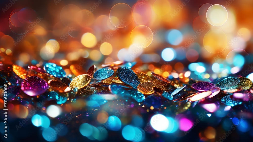 Dazzling display of multicolored glitter, focusing on the shimmering details that convey a festive mood Dazzling display of multicolored glitter, focusing on the shimmering details that convey a festive mood