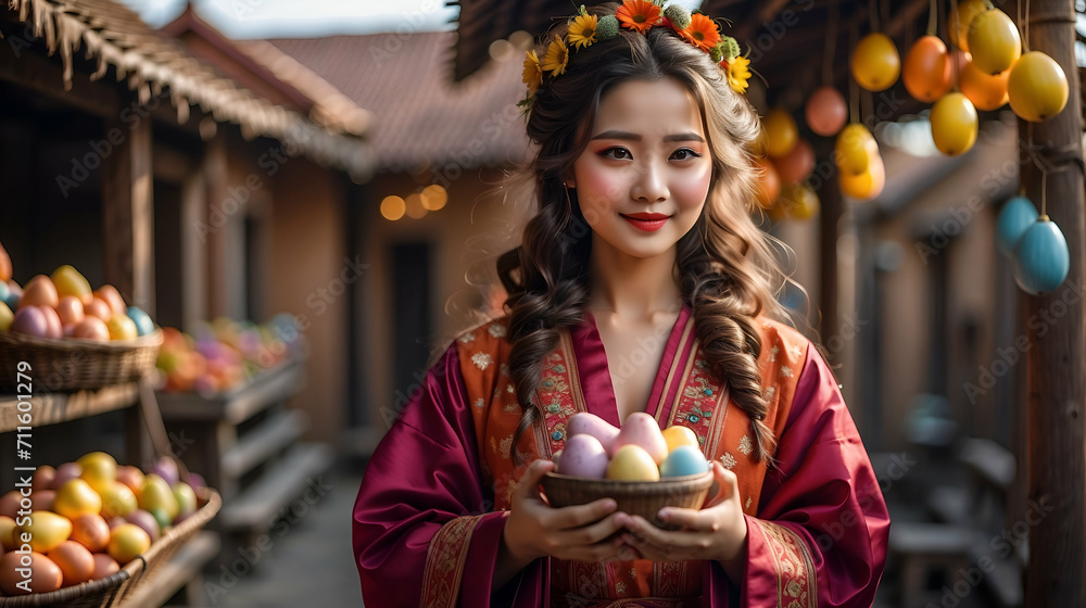 girl in national costume holds Easter eggs in her hands