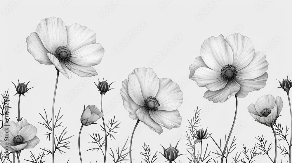 Black and white illustration of a tiny small flower that is blooming with a white background. Minimalist style.