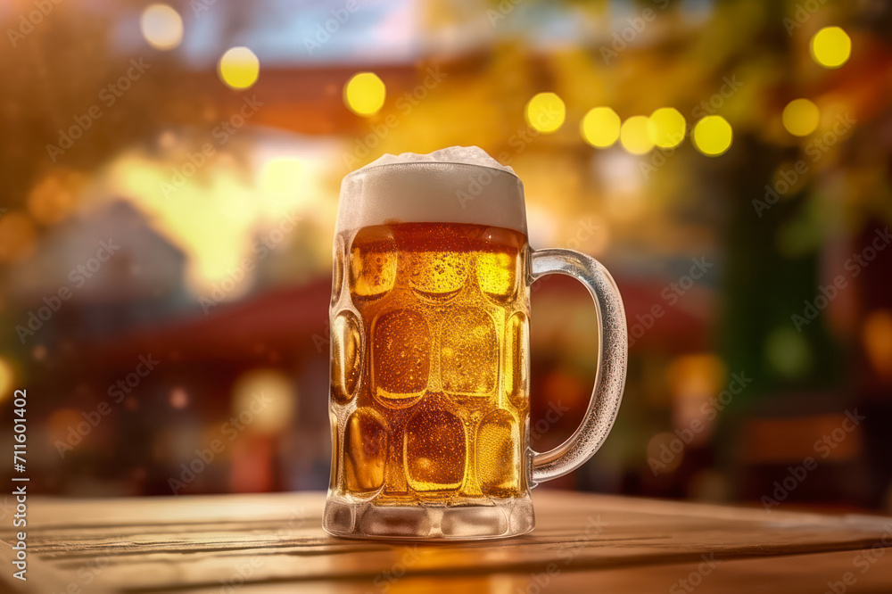 Eine Mass Bier in einem Biergarten am Abend, Generative AI