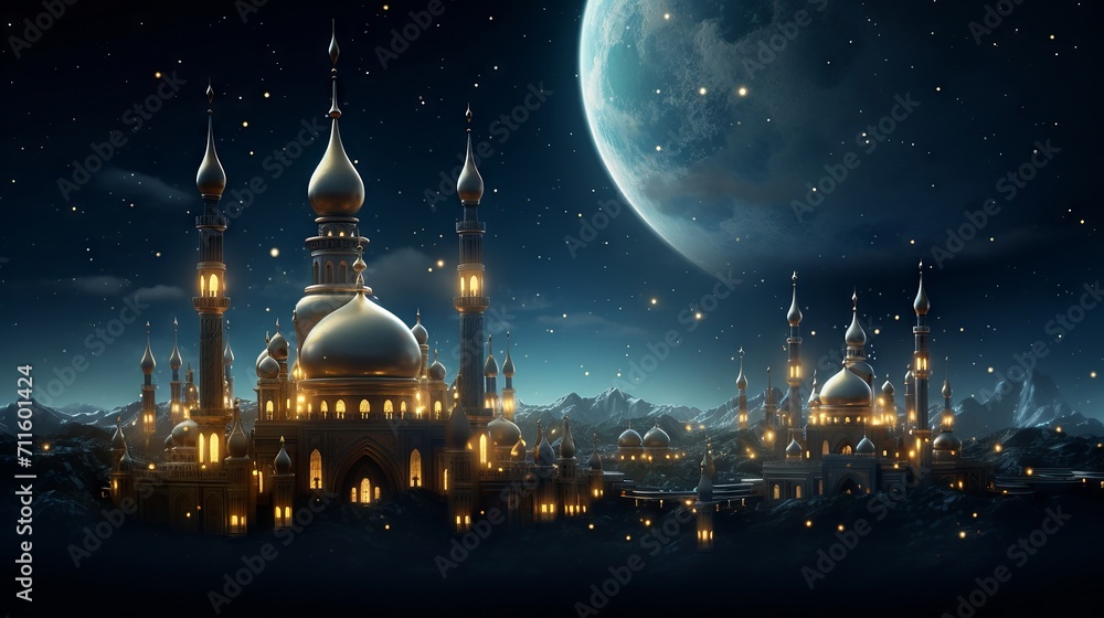Magical ramadan night scene with golden minarets against a starry sky inside a crescent moon