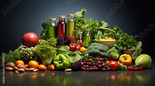Colorful display of healthy ingredients for a balanced diet, artistically arranged on a pristine background