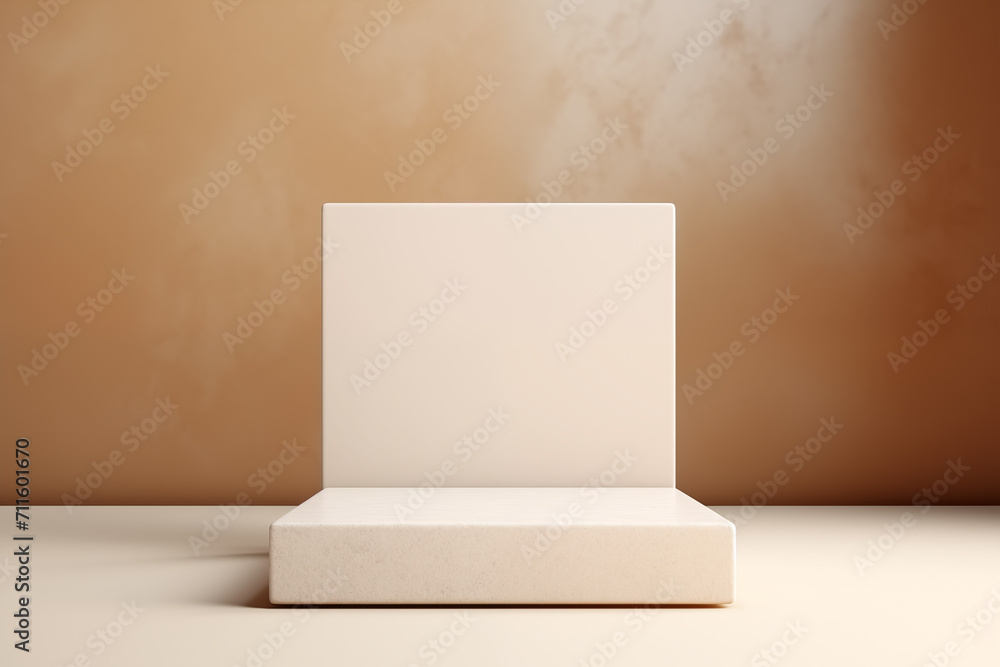 Beige textured podium against a warm, textured backdrop, ideal for product presentation Beige textured podium against a warm, textured backdrop, ideal for product presentation