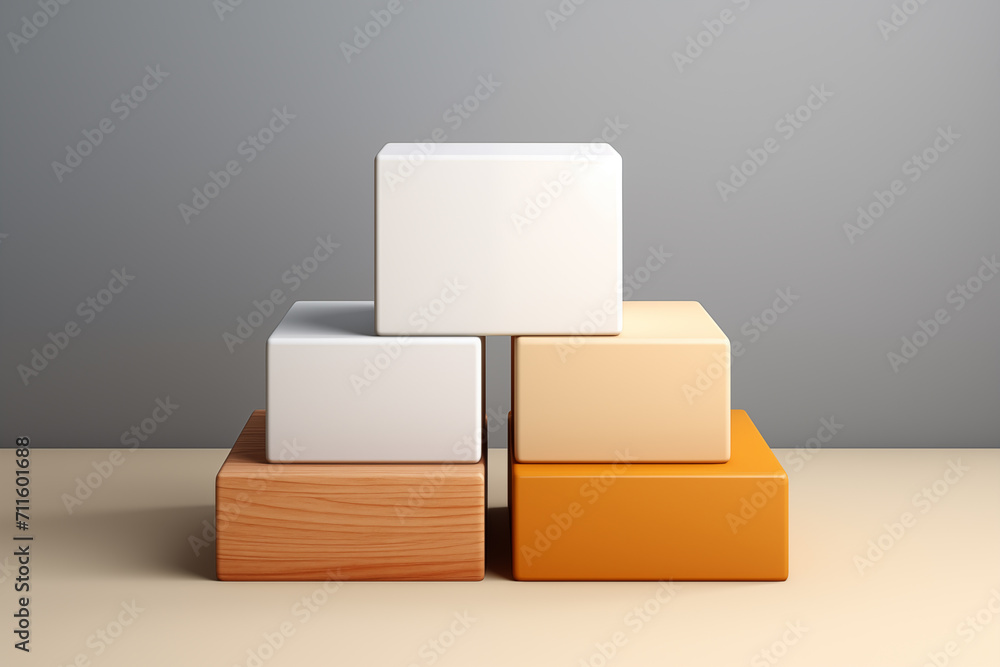 An arrangement of geometric podiums for product display, featuring a neutral color palette with a wooden texture block An arrangement of geometric podiums for product display, featuring a neutral color palette with a wooden texture block