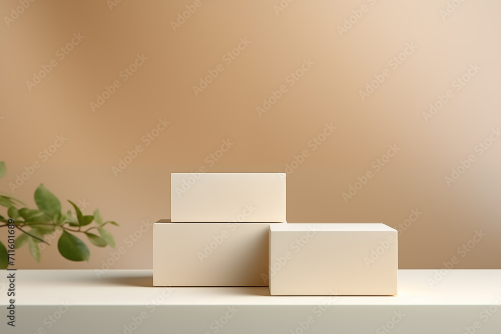 Elegant minimalist product podium display with a subtle beige background and a green plant Elegant minimalist product podium display with a subtle beige background and a green plant