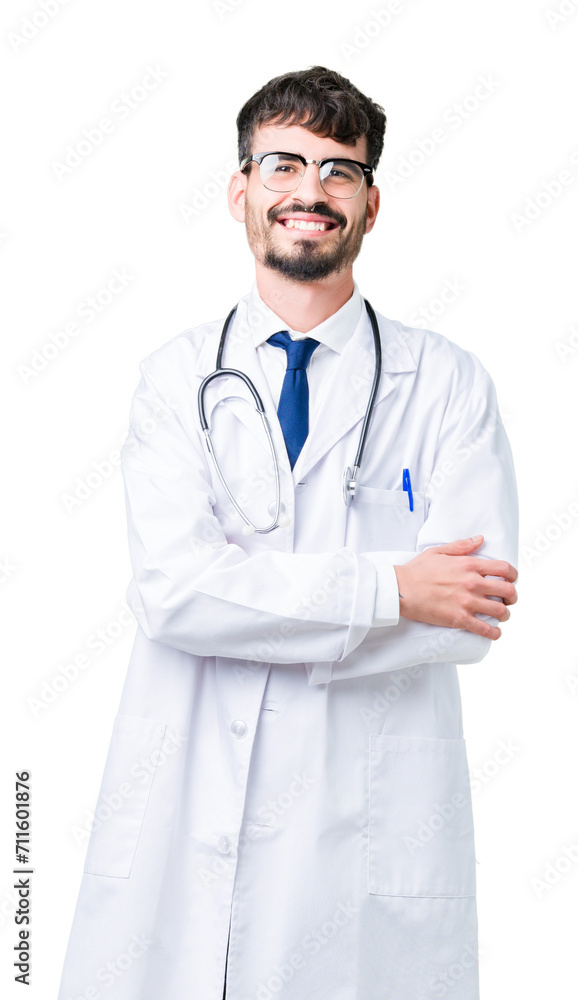 Young doctor man wearing hospital coat over isolated background happy face smiling with crossed arms looking at the camera. Positive person. Young doctor man wearing hospital coat over isolated background happy face smiling with crossed arms looking at the camera. Positive person.