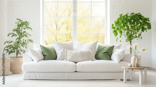 Light room in Scandinavian style. Light sofa with green cushions standing against the window.