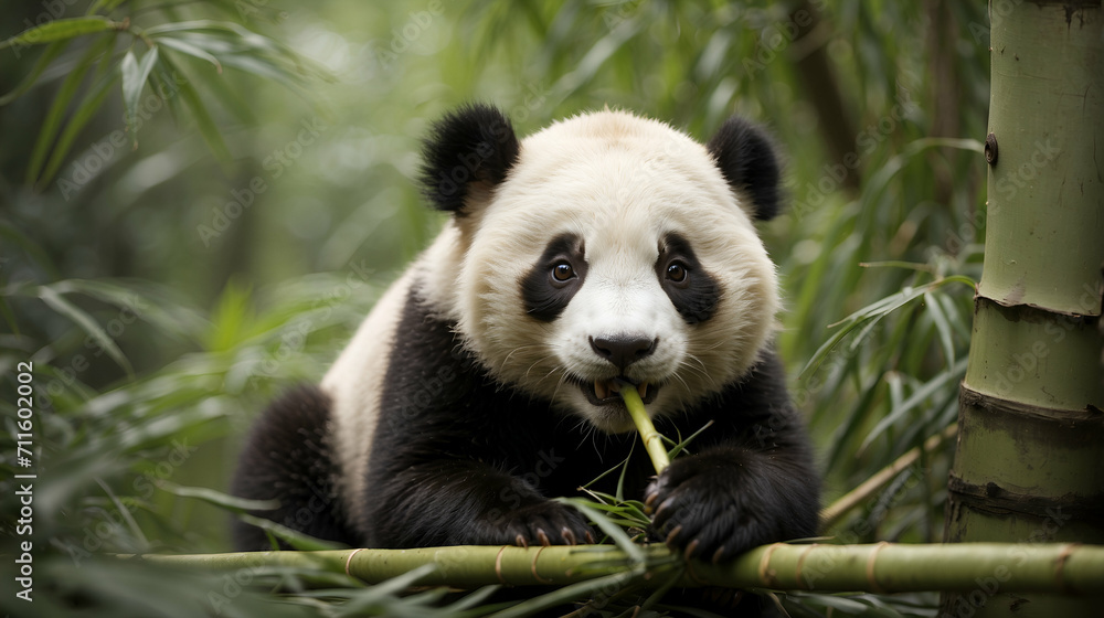 A panda chewing on bamboo

