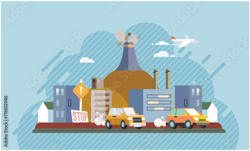 Industrial pollution. Dirty waste. Environmental pollution. Vector illustration. Trash emission has reached all-time high in recent years Environmental pollution is growing global crisis Dirty waste