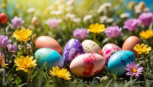 Colorful Easter eggs in flowery meadow. Easter holiday background