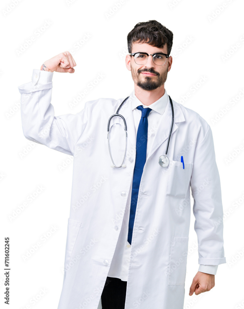 Young doctor man wearing hospital coat over isolated background Strong person showing arm muscle, confident and proud of power Young doctor man wearing hospital coat over isolated background Strong person showing arm muscle, confident and proud of power