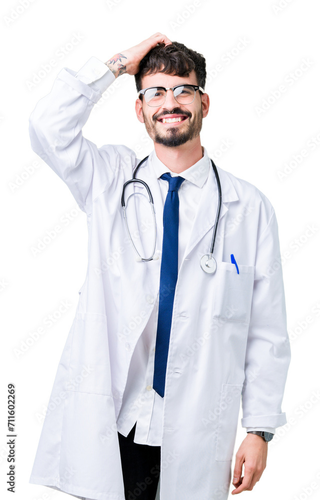 Young doctor man wearing hospital coat over isolated background Smiling confident touching hair with hand up gesture, posing attractive Young doctor man wearing hospital coat over isolated background Smiling confident touching hair with hand up gesture, posing attractive