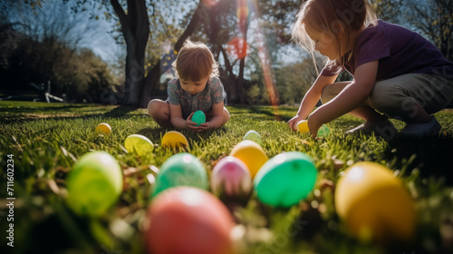 Easter Egg Hunt, Children Looking for an Easter Egg | Ai generated