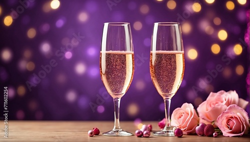 Pink shampaign with roses on purple background with bokeh lights. Romantic celebration of Valentine's Day  photo