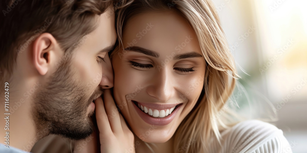 Tender woman embracing happy boyfriend and whispering in his ear Tender woman embracing happy boyfriend and whispering in his ear