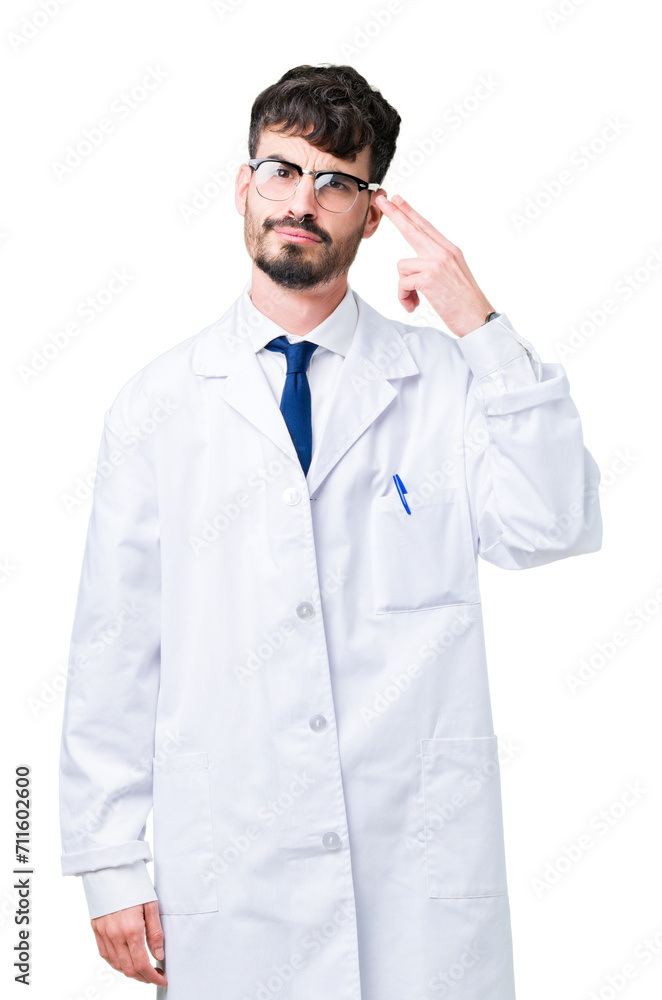 Young professional scientist man wearing white coat over isolated background Shooting and killing oneself pointing hand and fingers to head, suicide gesture. Young professional scientist man wearing white coat over isolated background Shooting and killing oneself pointing hand and fingers to head, suicide gesture.