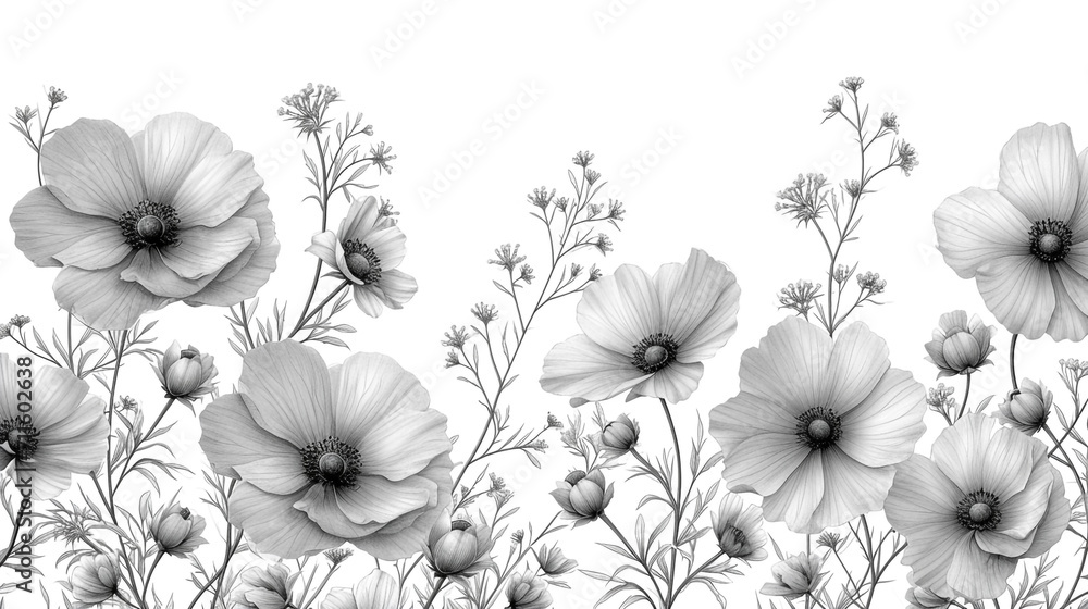 Black and white illustration of a tiny small flower that is blooming with a white background. Minimalist style. Black and white illustration of a tiny small flower that is blooming with a white background. Minimalist style.