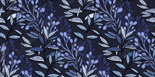 Seamless pattern with modern, abstract large leaves and silhouettes branches. Vector hand drawn. Stylized shape floral leaf printing. Dark blue creative botanical background. Template for design