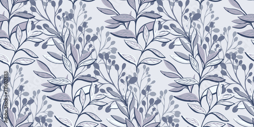 Seamless pattern with modern, abstract, large leaves and silhouettes branches. Vector hand drawn. Stylized creative floral printing. Monotone light botanical tropical background. Template for design