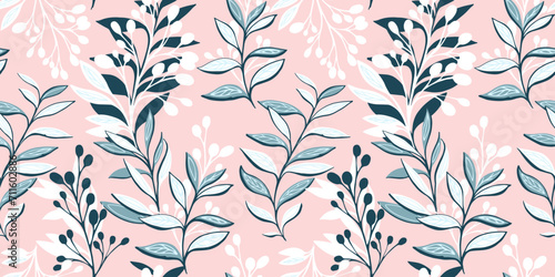Seamless pattern with abstract, graphic stem leaves, branches berries. Vector hand drawn. Creative stylized floral on a pink background. Template for design, fashion, fabric, printing