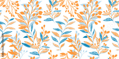 Seamless pattern with abstract, artistic, stylized leaves, branches, berries. Colorful creative floral stem background. Vector hand drawn. Template for design