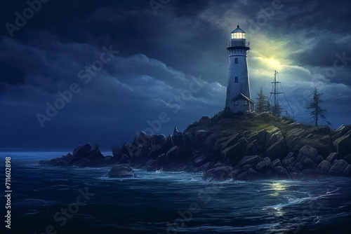 Leuchtturm bei Nacht an einer felsigen Küste, Generative AI photo