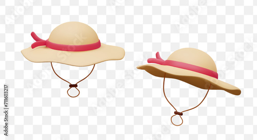 Realistic hats for women in different positions. Element of clothes for protection at hot summer days. Hat with lanyard for fastening around neck. Vector illustration in 3d style