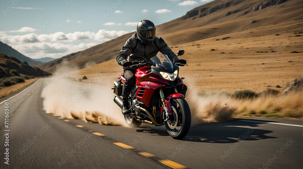 Obraz premium A motorcycle rider speeding on a road