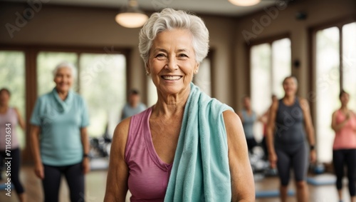 Elderly woman doing sports in the gym