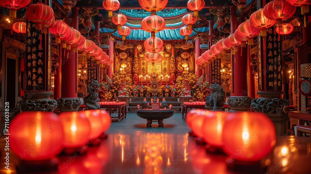 Chinese new year, Decorated temple, Chinese lanterns, Chinese temple, festival, prosperity and luck, decorations with red background