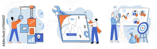 Business development. Vector illustration. Marketing research informs strategic product development Effective management fosters harmonious work environment Aligning ones profession