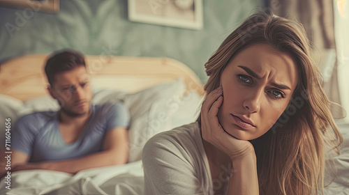 Unhappy couple not talking after an argument in bed at home selective focus on woman face
