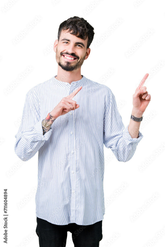 Young handsome business man over isolated background smiling and looking at the camera pointing with two hands and fingers to the side. Young handsome business man over isolated background smiling and looking at the camera pointing with two hands and fingers to the side.