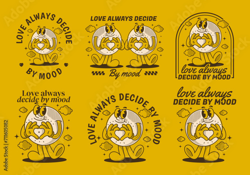 Love always decide by mood. Ball character with happy face, hands forming heart sign