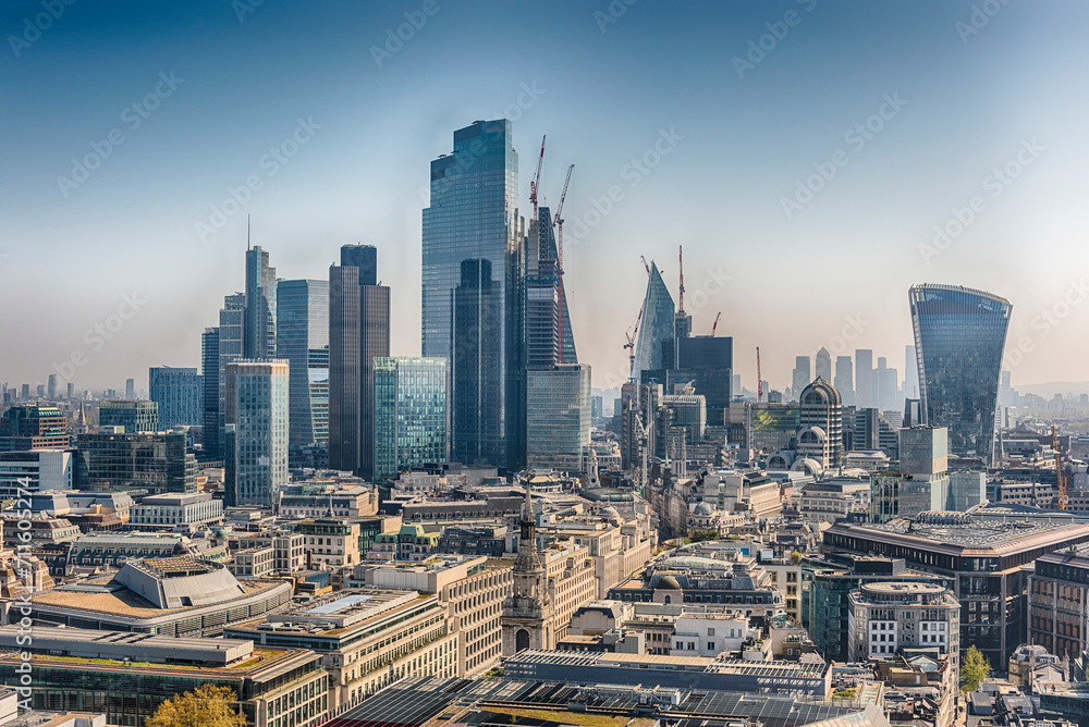 Aerial view with the city skyline of London, England, UK