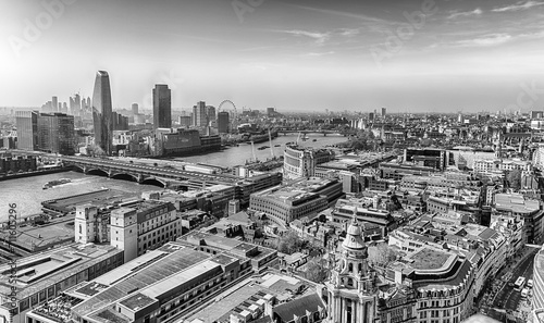 Aerial view with the city skyline of London  England  UK