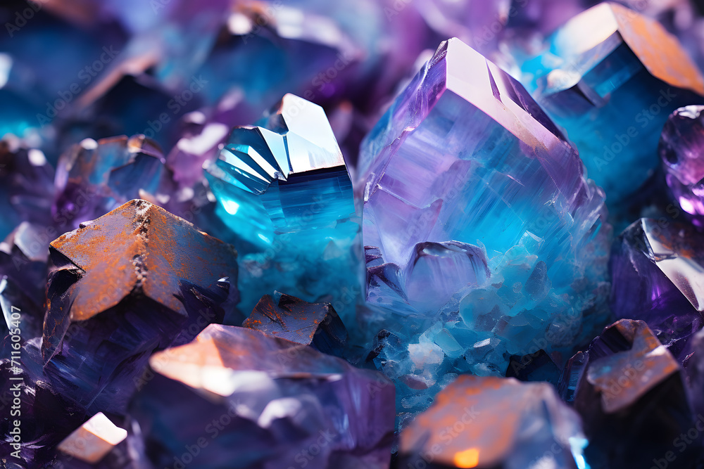 Purple and blue geodes inside crystal rock Purple and blue geodes inside crystal rock