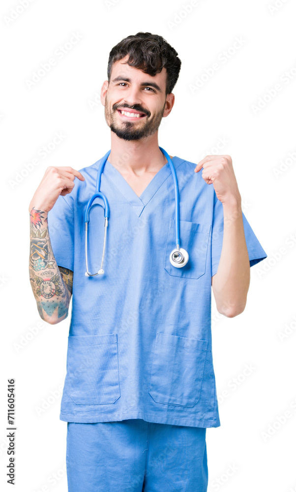 Young handsome nurse man wearing surgeon uniform over isolated background looking confident with smile on face, pointing oneself with fingers proud and happy. Young handsome nurse man wearing surgeon uniform over isolated background looking confident with smile on face, pointing oneself with fingers proud and happy.