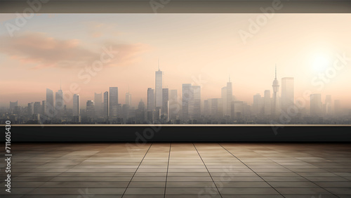 empty concrete terrace with modern cityscape in background, 3d render