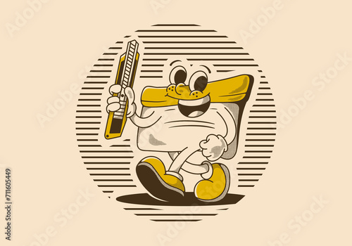 Squeegee mascot character holding a blade, vintage style