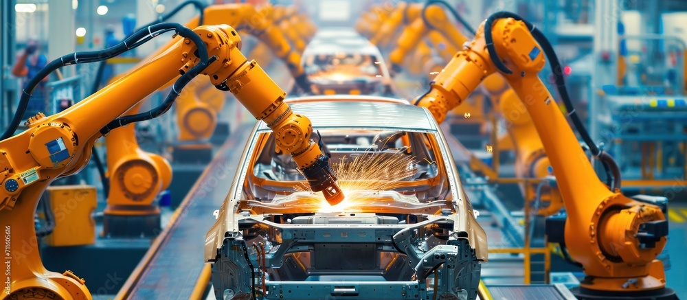Car manufacturer. Car Factory Digitalization Industry. Automated Robot Arm Assembly Line Manufacturing High-Tech Electric Vehicles Car manufacturer. Car Factory Digitalization Industry. Automated Robot Arm Assembly Line Manufacturing High-Tech Electric Vehicles
