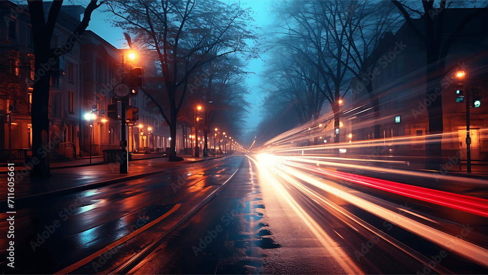 Night city street with car light trails and long exposure. Motion blur