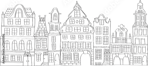 "
Tenement houses. Old, historical houses around the town market. Simple line design. Black and white. No background"
