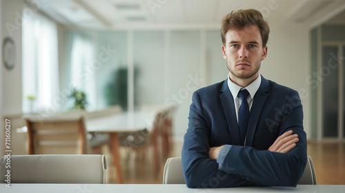 Serious businessman with arms crossed in office. photo