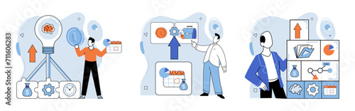 Business development. Vector illustration. Banking technology streamlines financial transactions for convenience Marketing strategies adapt to evolving consumer preferences Strong management resolves