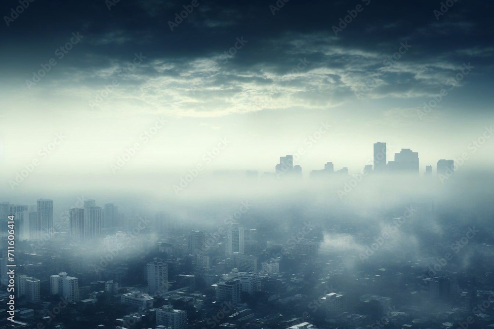 A city skyline with smog, fog and smoke.Air pollution of the city, environmental problem. Generative Ai A city skyline with smog, fog and smoke.Air pollution of the city, environmental problem. Generative Ai