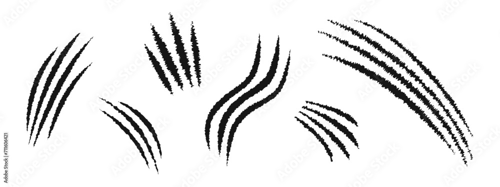 Set of different scratch claw marks. Tiger, bear, wolf, panther, monster, werewolf talons trace isolated on white background. Scary torn scars. Wild animals scratches track. Vector graphic illustraton - obrazy, fototapety, plakaty 