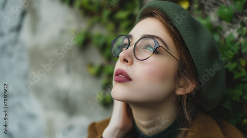 Dreamy woman in glasses looking up thoughtfully.