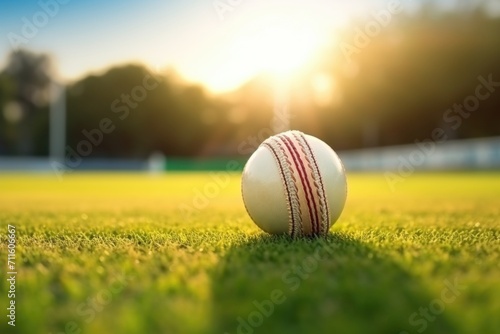 Cricket ball on bat on green cricket pitch. photo